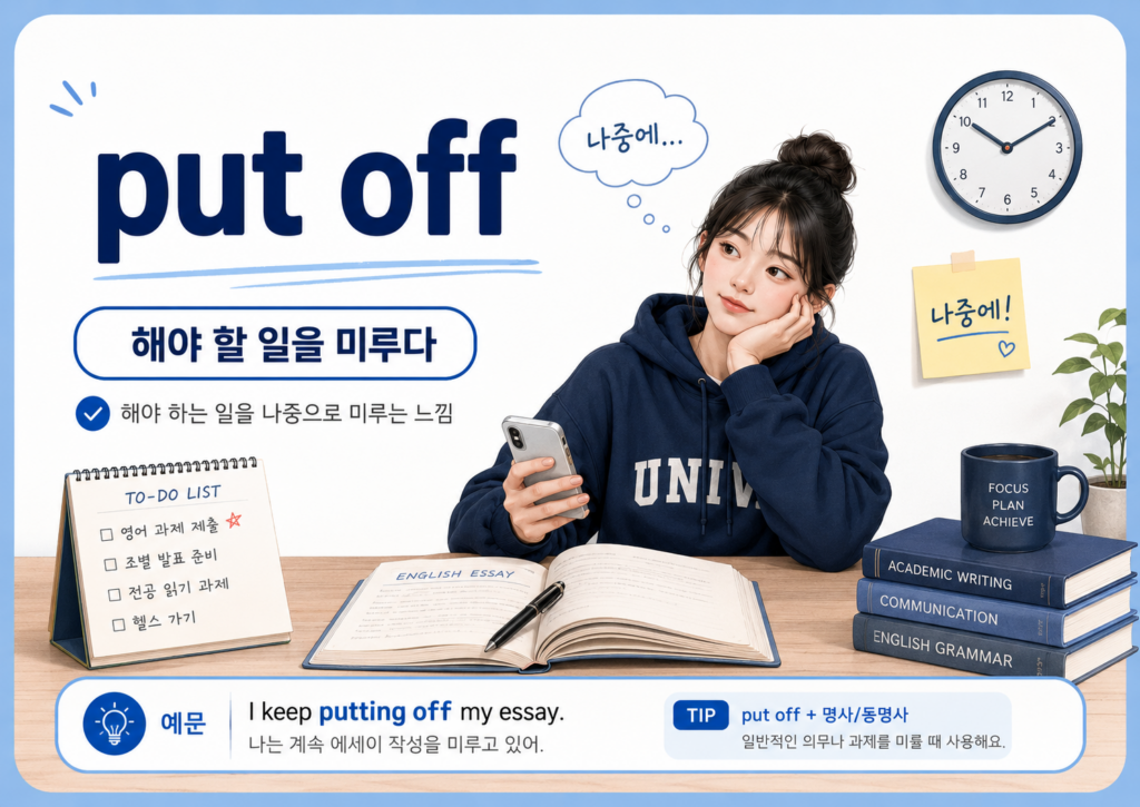 put off : 해야 할 일을 미루다
