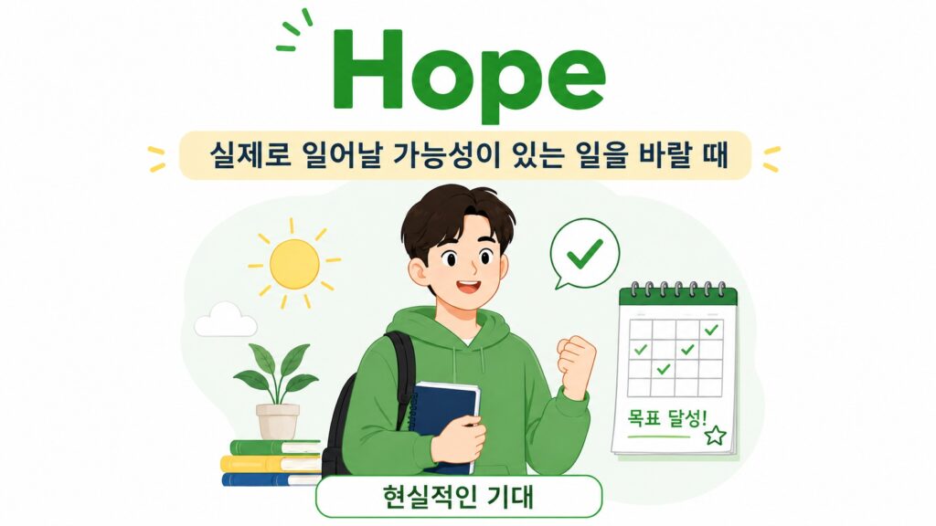 hope : 실제로 일어날 가능성이 있을 때 바랄 때