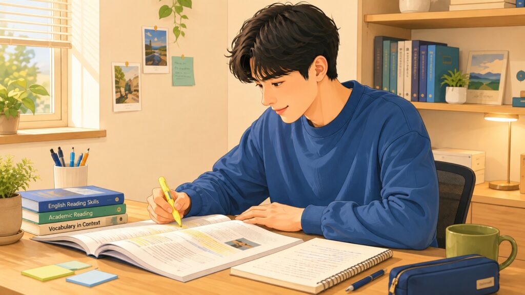책상에 앉아 영어 독해를 하고 있는 대학생