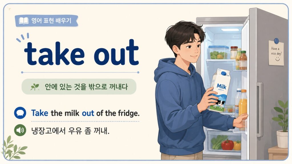 take out : 안에 있는 것을 밖으로 꺼내다